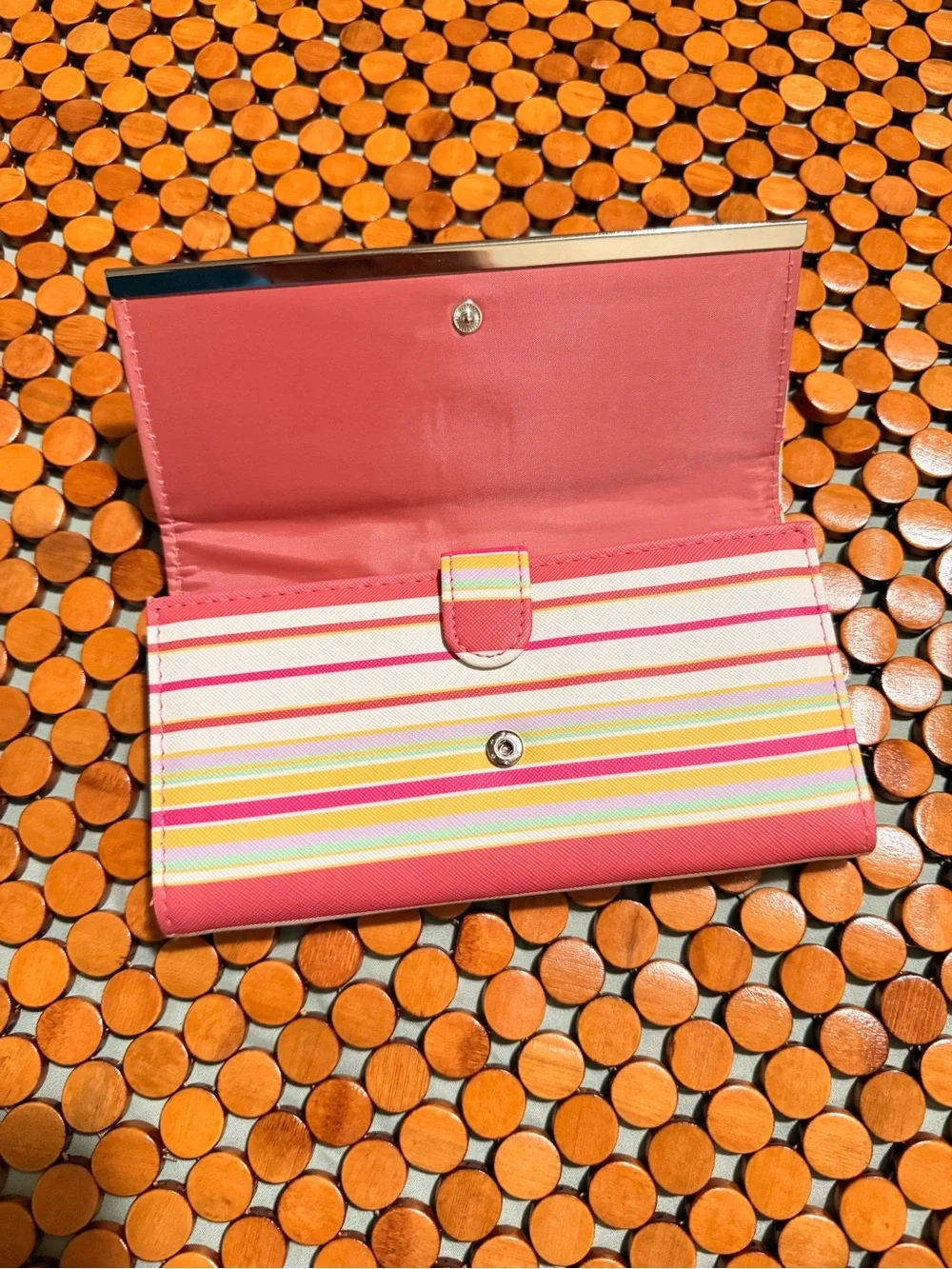 Striped Pink & Cream Card Holder Wallet with Gold Accent